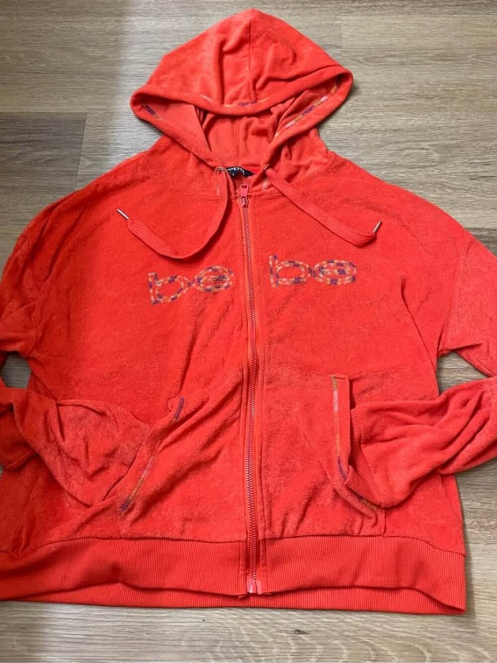 Vintage Y2K Bebe Red Terry Cloth Zip-Up Hoodie Rainbow BB Embroidery Large